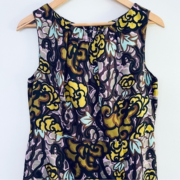 [Milly] Silk Modern Floral Pleated High Neck Set Waist Classic Shift Dress - Picture 1 of 9
